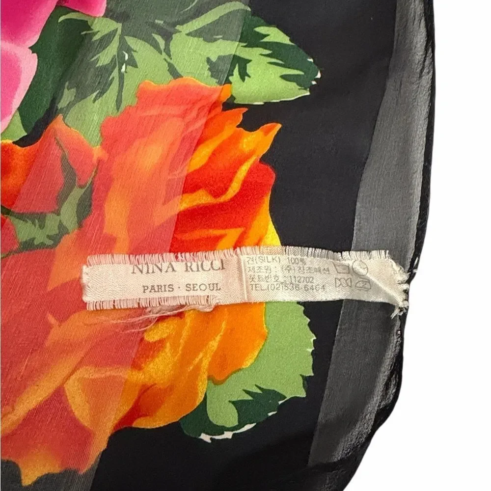 Vintage Nina Ricci Silk Scarf Black with Roses Floral and Lace Print 34x34